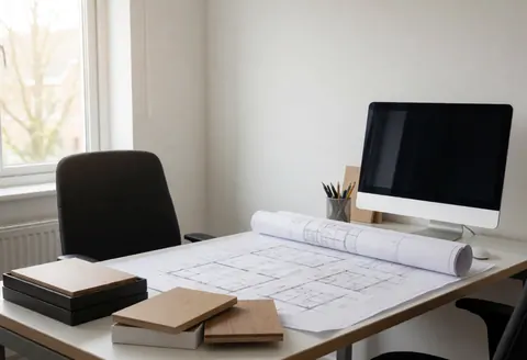 Plans de construction et échantillons de bois disposés sur une table de travail dans un bureau, avec une fenêtre laissant entrer la lumière.