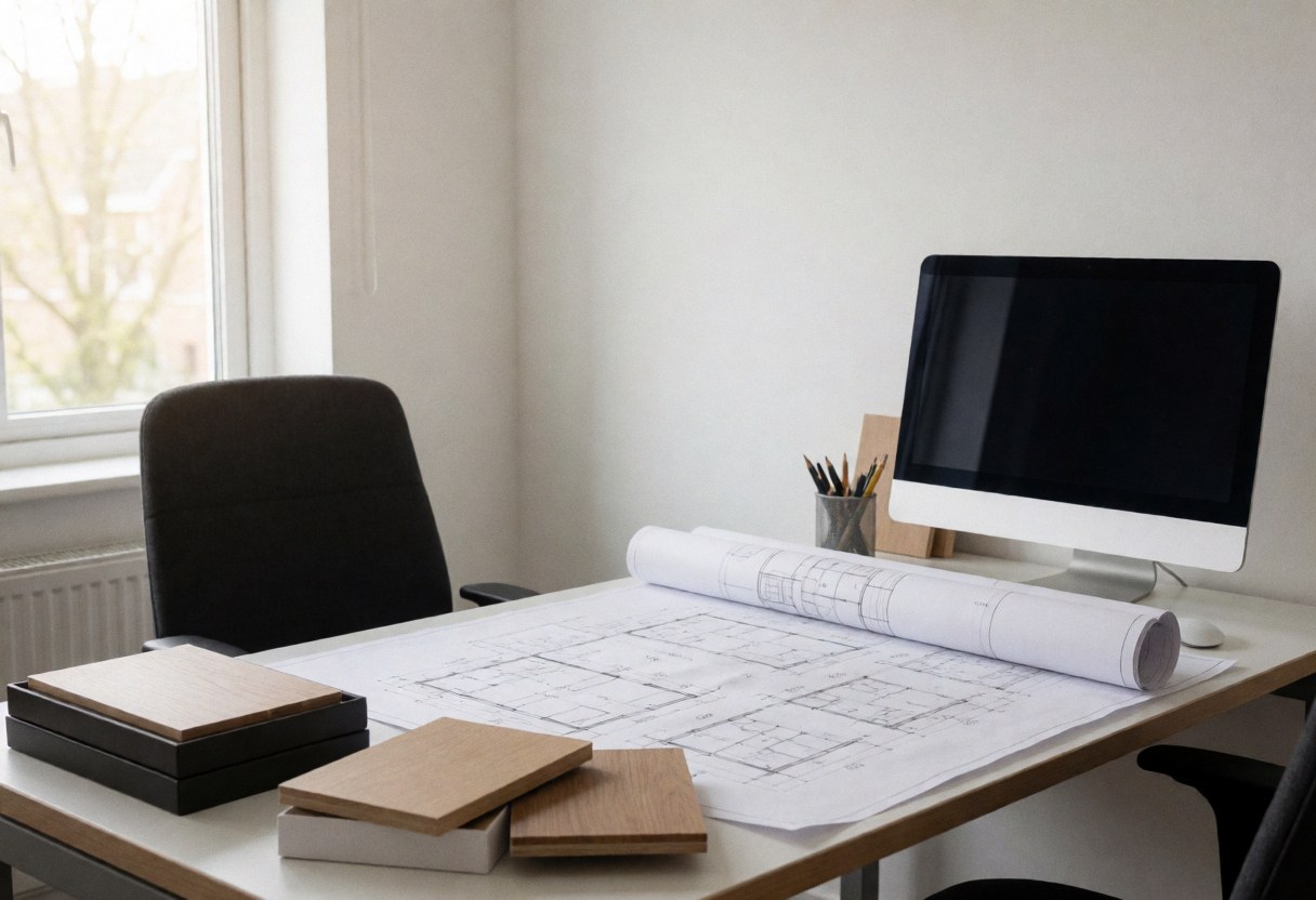 Plans de construction et échantillons de bois disposés sur une table de travail dans un bureau, avec une fenêtre laissant entrer la lumière.