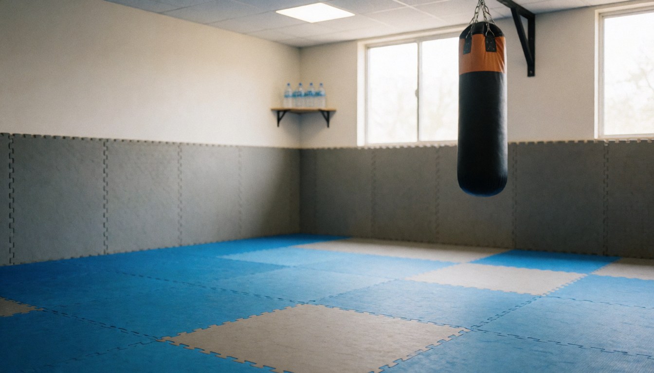 Un sac de boxe noir est suspendu dans une salle d'arts martiaux avec des tapis bleus et gris alternés, idéal pour un entraînement individuel.