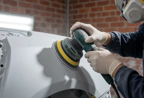 Un professionnel utilise une ponceuse sur un panneau de carrosserie de voiture dans un atelier avec un mur de briques rouges en arrière-plan.