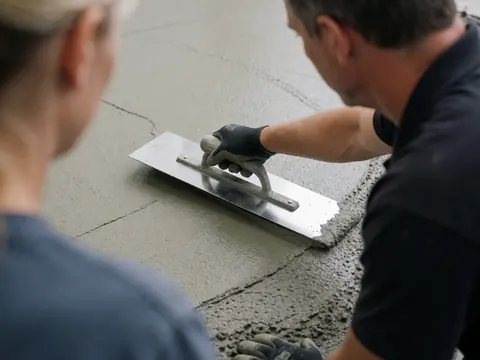 Un maçon portant des gants utilise une truelle pour lisser le béton fraîchement coulé sur un chantier de construction en cours.