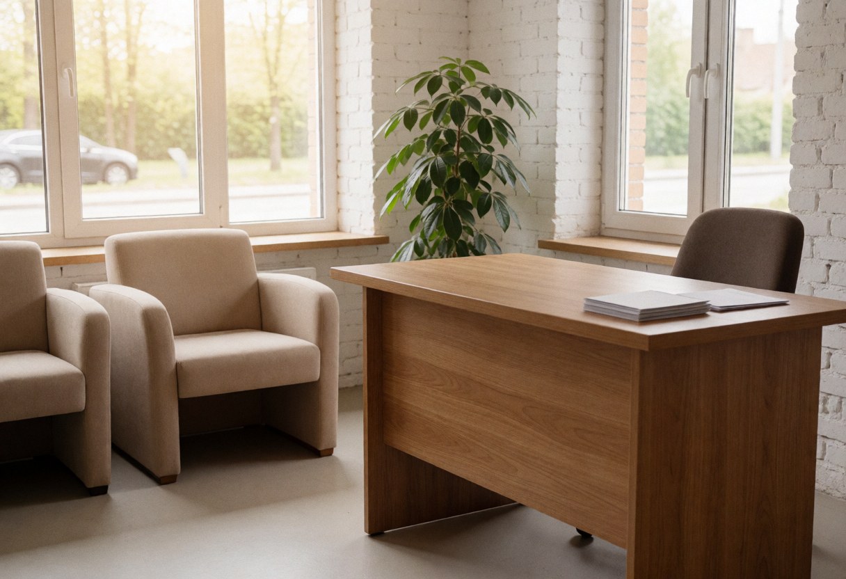 Espace de réception accueillant avec un bureau en bois, des chaises beige, une plante sur un mur de briques blanches et des fenêtres laissant entrer la lumière.
