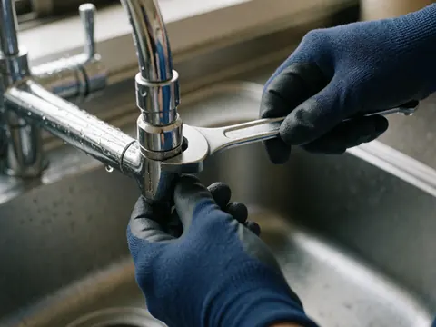 Des mains gantées utilisent une clé pour réparer un robinet de cuisine dans un environnement moderne, illustrant un service de plomberie en action.
