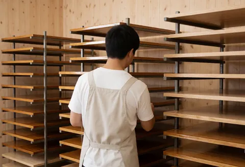 Un artisan dans un atelier de menuiserie examine des étagères en bois clair fraîchement vernies posées sur des structures métalliques.