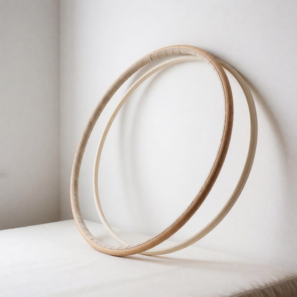 Deux cerceaux de gymnastique en bois clair posés sur une surface blanche avec un éclairage doux, idéal pour la vente d'équipement sportif.