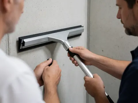 Détail d'une raclette en aluminium avec sa poignée et son mécanisme de fixation, utilisée pour nettoyer une surface murale en béton.