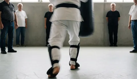 Un pratiquant de karaté équipé de protège-tibias frappe un sac de frappe dans un dojo avec des murs en béton, tandis que plusieurs spectateurs observent la scène.