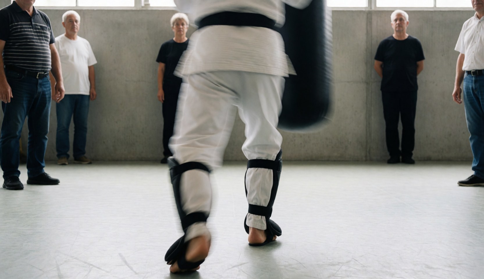 Un pratiquant de karaté équipé de protège-tibias frappe un sac de frappe dans un dojo avec des murs en béton, tandis que plusieurs spectateurs observent la scène.