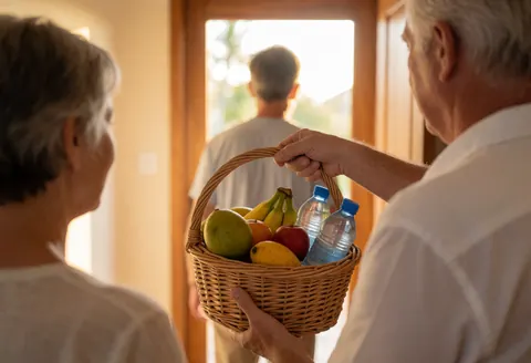 Un hôte tend une ceste en osier remplie de fruits tropicaux frais et d'eau en bouteille à un invité à l'entrée d'une maison de vacances.