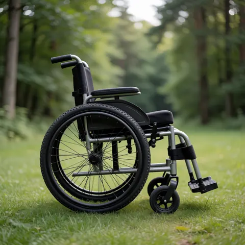 Un fauteuil roulant robuste aux grandes roues posé sur une pelouse verte avec un fond de forêt, idéal pour la promotion d'un produit.