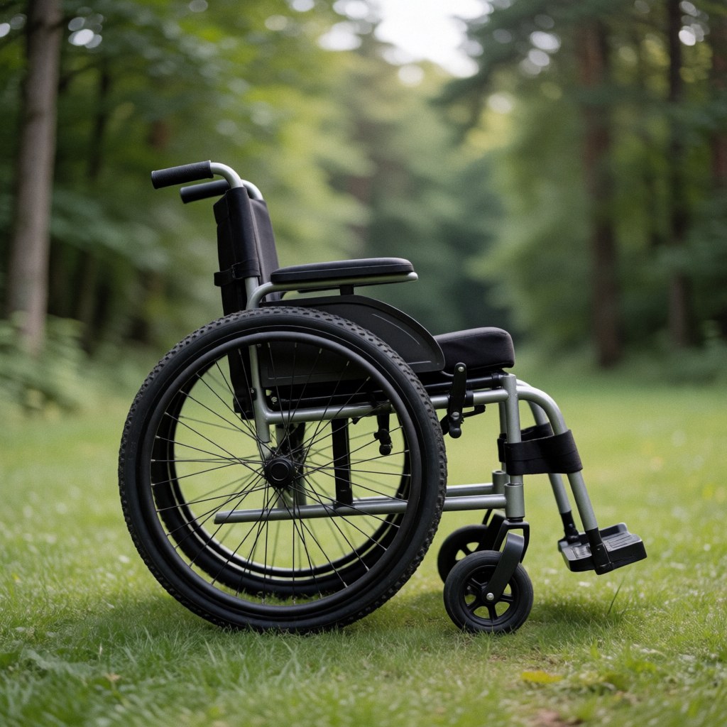 Un fauteuil roulant robuste aux grandes roues posé sur une pelouse verte avec un fond de forêt, idéal pour la promotion d'un produit.