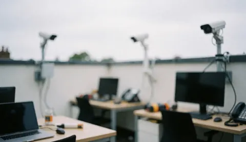 Bureaux équipés de moniteurs et caméras de sécurité montées sur le parapet du plafond, idéal pour une entreprise de sécurité.