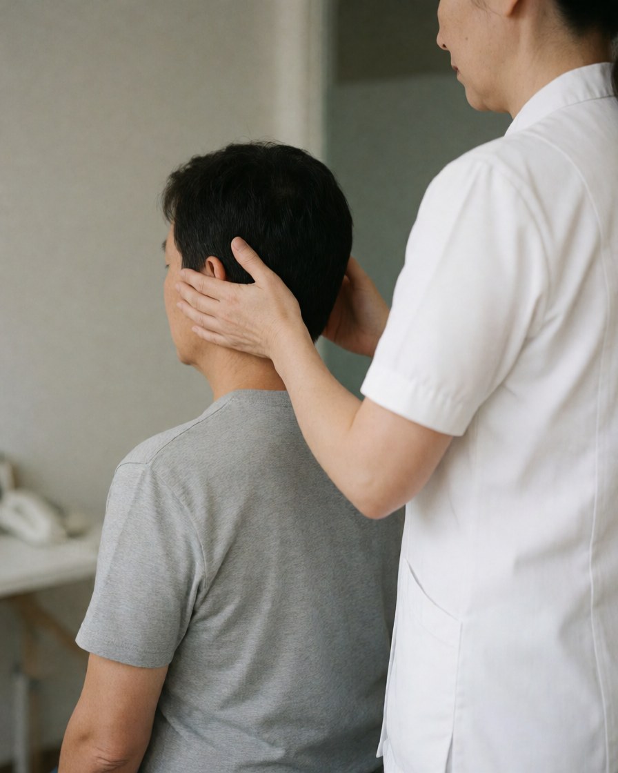 Un thérapeute en uniforme blanc effectue un massage cervical sur un client assis dans un bureau aux murs gris clair.