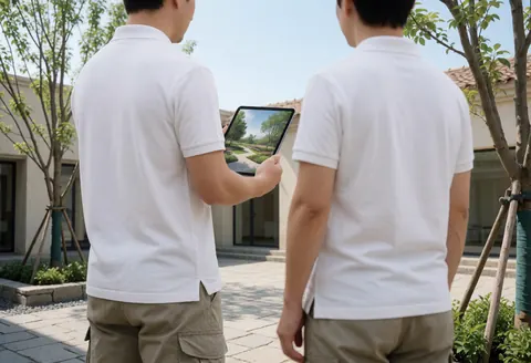 Deux jardiniers consultent une tablette affichant un design de jardin sur un patio pavé avec des arbres jeunes.