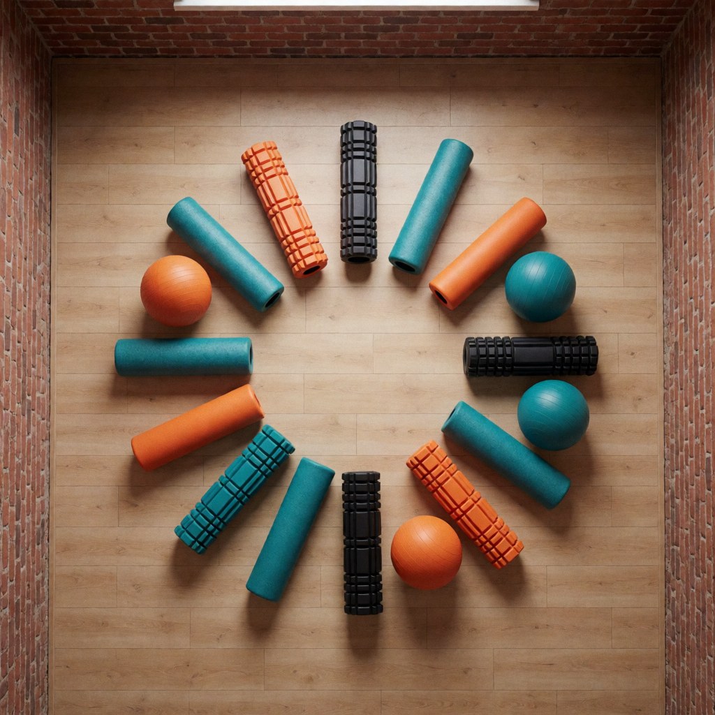 Produits de physiothérapie disposés en cercle sur un sol en bois avec des murs en briques, idéal pour un gymnase ou un studio de préparation physique.