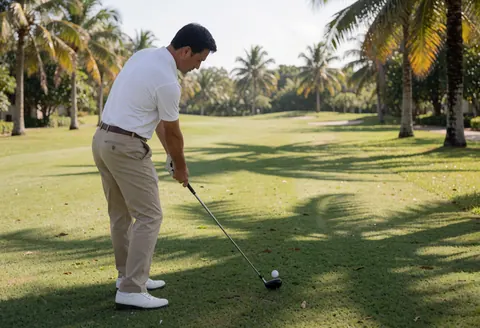 Un instructeur de golf réalise un swing sur un terrain avec des palmiers, une balle de golf au sol et une lumière solaire.