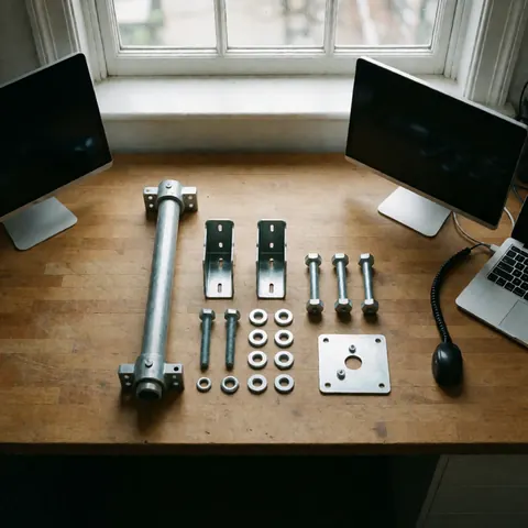Ensemble complet de pièces pour l'installation d'antennes disposé sur une surface en bois baignée de lumière naturelle, adapté aux professionnels du secteur.