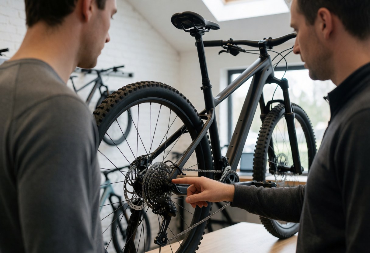 Un expert explique le mécanisme de changement de vitesse d'un vélo de montagne dans un magasin aux murs en briques blanches.