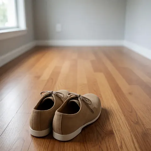 Paire de chaussures de danse en daim posées sur un sol en bois poli avec des murs gris clair en arrière-plan, éclairage naturel.