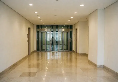 Hall moderne avec sol en marbre brillant, portes d'ascenseur en verre et murs blancs chauds, ambiance propre et professionnelle.