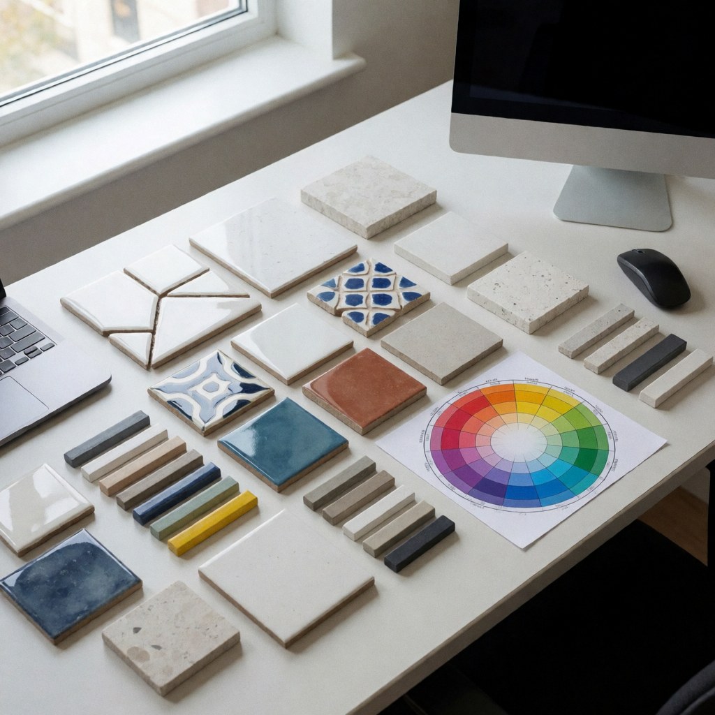 Des échantillons de carreaux de céramique et une roue des couleurs disposés sur une table baignée de lumière naturelle, idéaux pour la décoration intérieure et le design de produits.