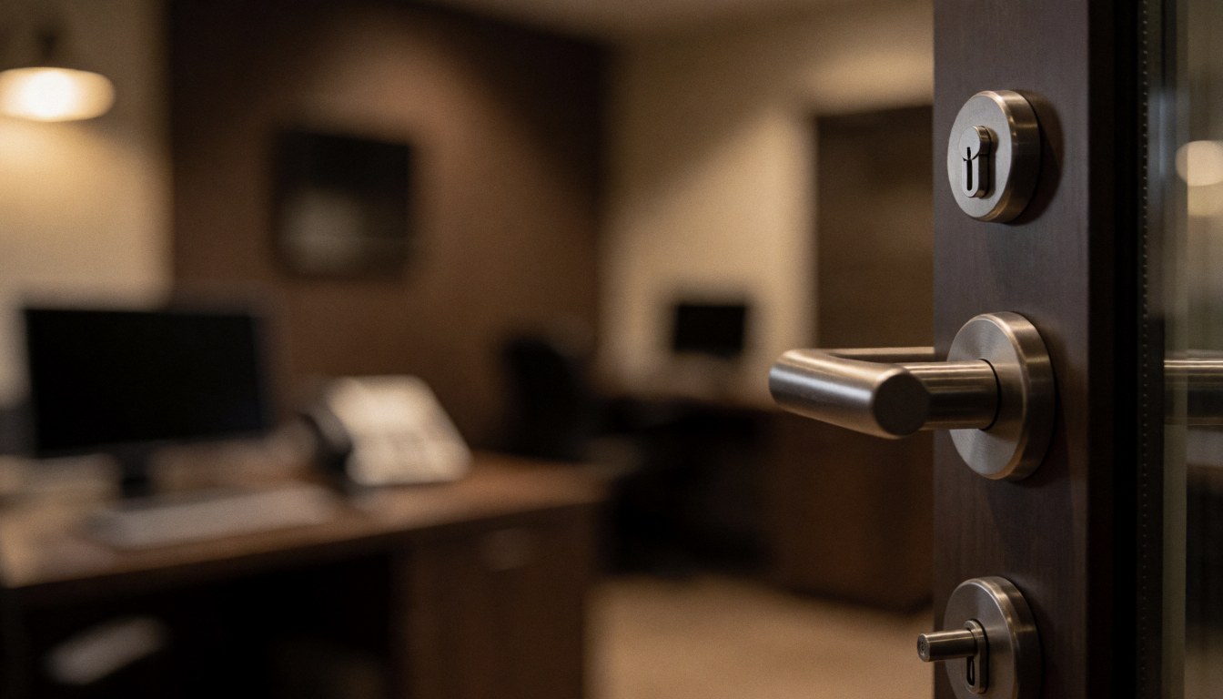 Porte de bureau avec poignée et serrure en métal, fond flou avec bureau et lumières chaudes, idéal pour textes commerciaux.