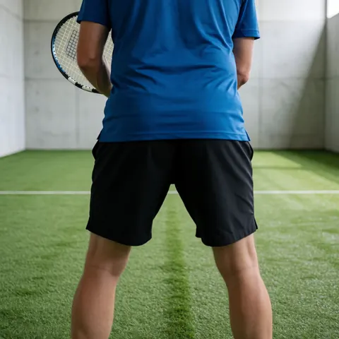 Joueur de tennis tenant une raquette sur un court synthétique avec des murs en béton, adoptant une posture professionnelle adaptée aux cours ou aux matchs.