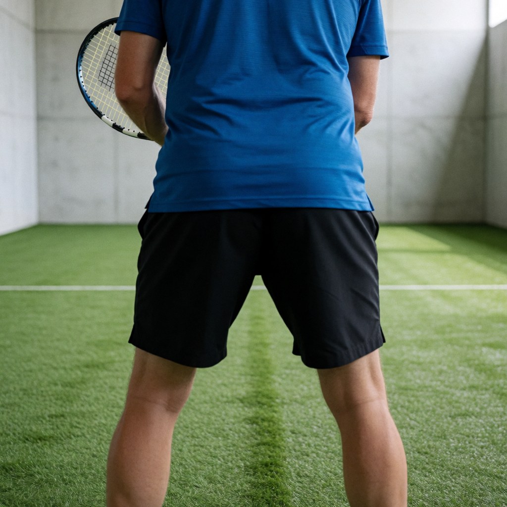 Joueur de tennis tenant une raquette sur un court synthétique avec des murs en béton, adoptant une posture professionnelle adaptée aux cours ou aux matchs.