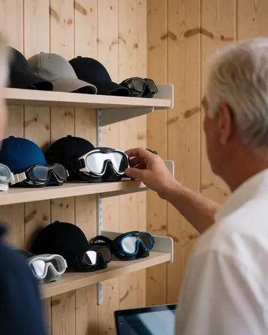 Un client senior examine des lunettes de natation dans un magasin d'équipement de piscine avec des étagères en bois.