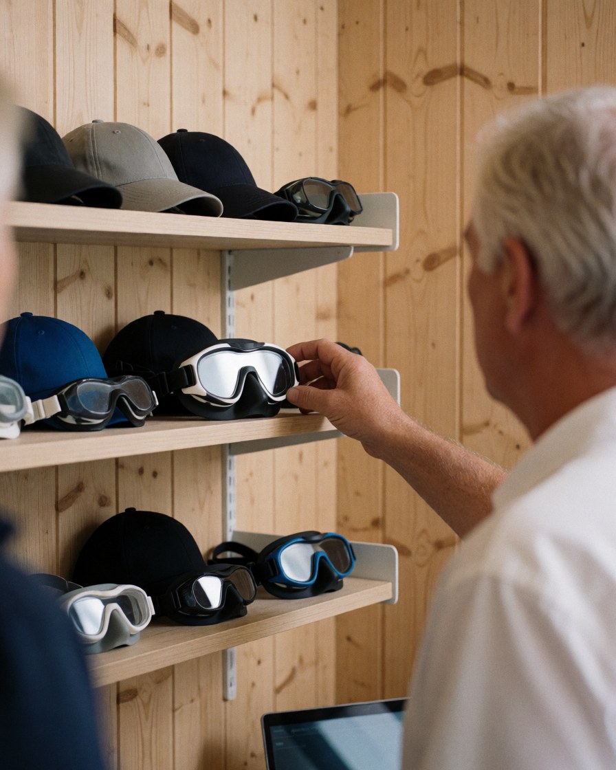 Un client senior examine des lunettes de natation dans un magasin d'équipement de piscine avec des étagères en bois.