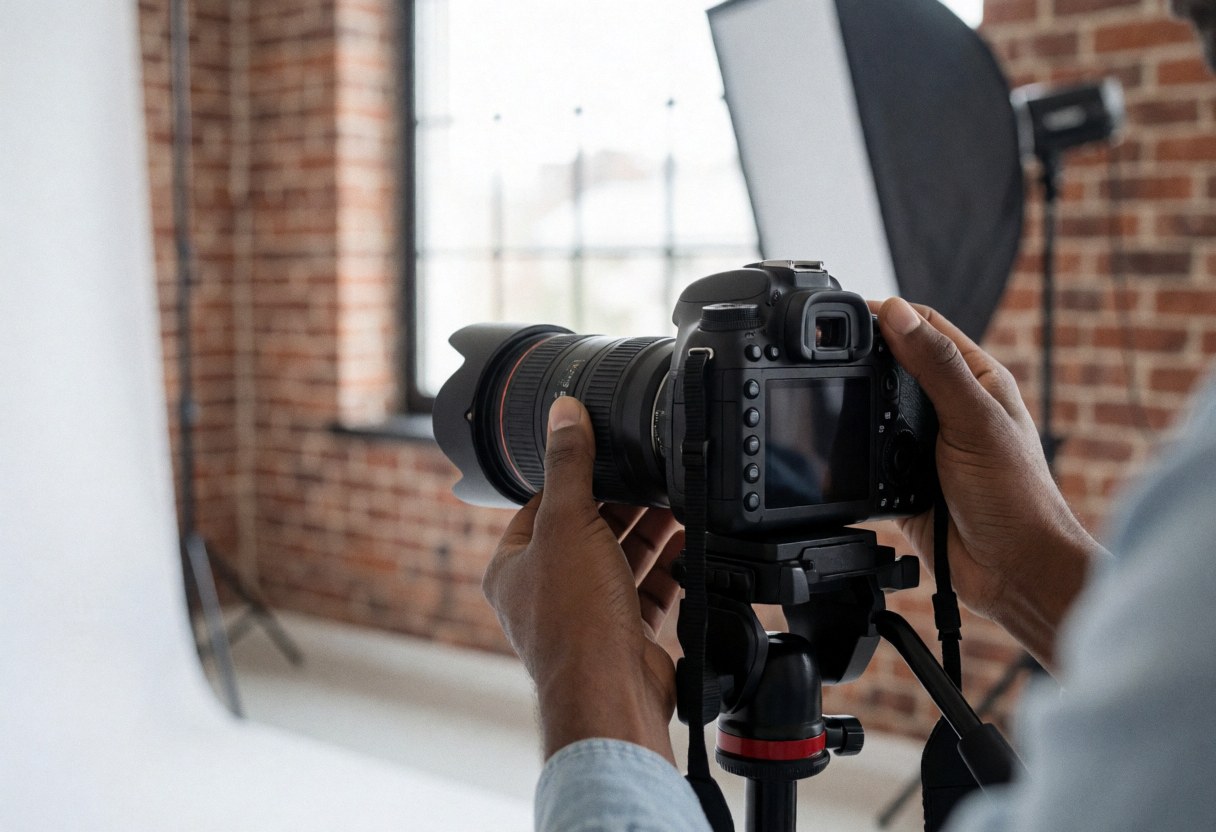 Gros plan des mains d'un photographe réglant la mise au point d'un boîtier DSLR fixé sur un trépode dans un studio avec mur en briques et softbox.