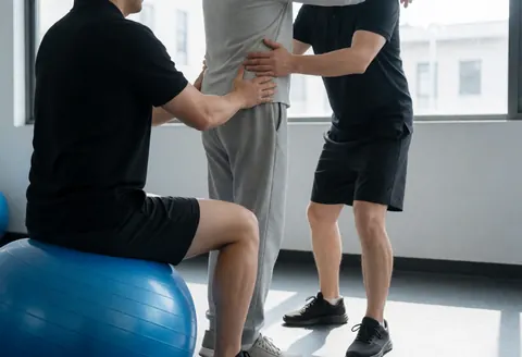 Un coach personnel assiste un client utilisant une boule d'équilibre bleue dans un gymnée aux murs gris, scène réaliste et sécurisée.