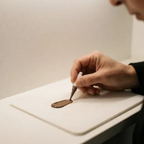 Main appliquant un pigment brun avec un applicateur sur une surface blanche, murs blancs et éclairage chaleureux pour le microblading.
