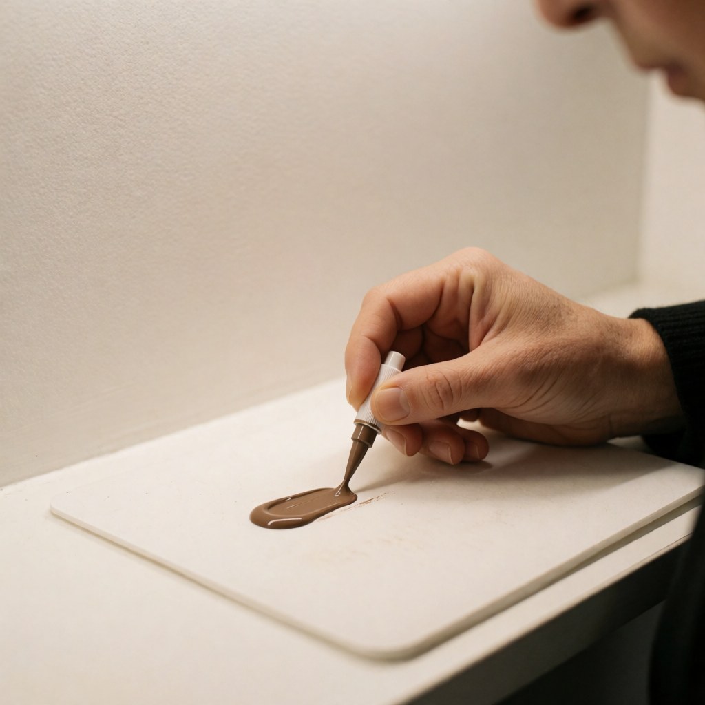 Main appliquant un pigment brun avec un applicateur sur une surface blanche, murs blancs et éclairage chaleureux pour le microblading.