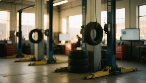 Arrière-plan de garage automobile avec pneus suspendus, éclairage chaud et flou artistique pour intégrer du texte.