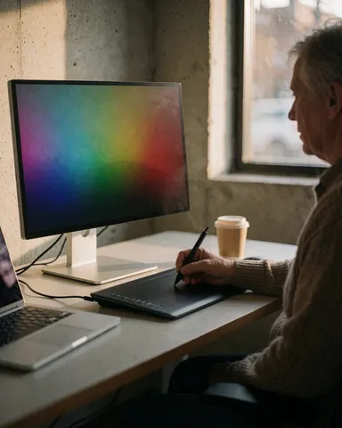 Un photographe de portrait travaille avec une tablette graphique et un moniteur affichant des couleurs dans son studio aux murs en béton et à la lumière chaude.