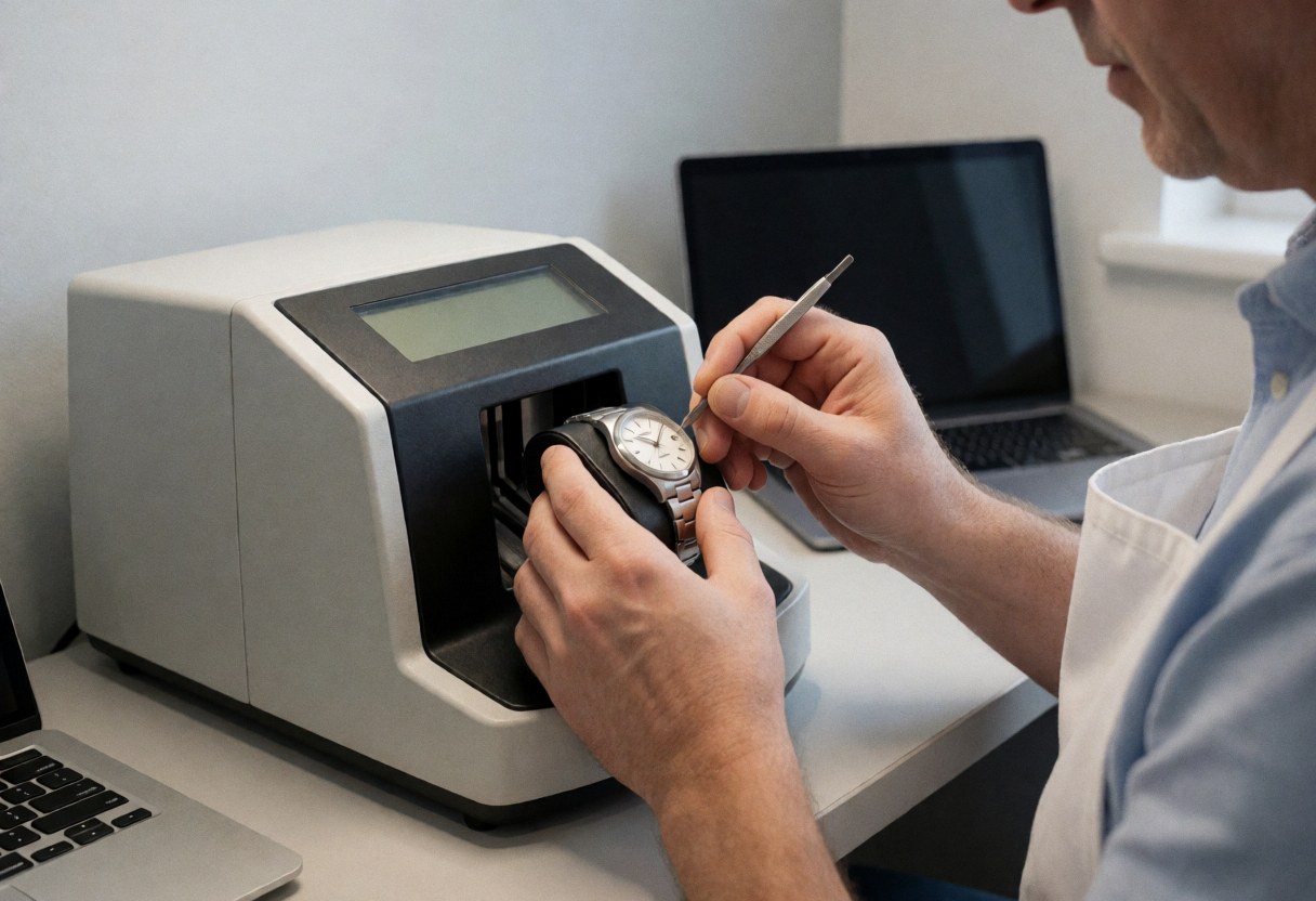 Technicien ajuste une montre-bracelet sur une machine d'essai dans un atelier de réparation horlogère, scène professionnelle et précise.