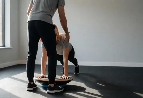 Un entraîneur de fitness accompagne un client qui utilise une planche d'équilibre dans un gymnastique avec des murs gris et une lumière naturelle.
