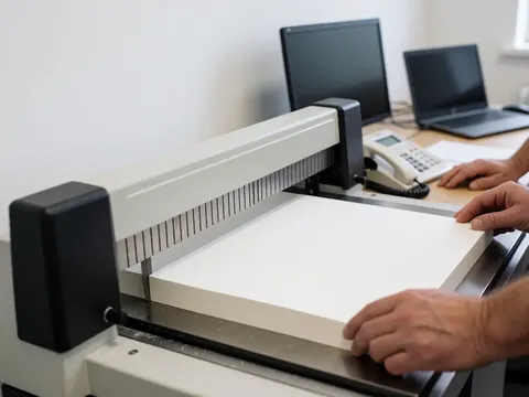 Des mains règlent un bloc de papier blanc sur une guillotine de précision dans un environnement de bureau d'imprimerie avec des murs blancs.
