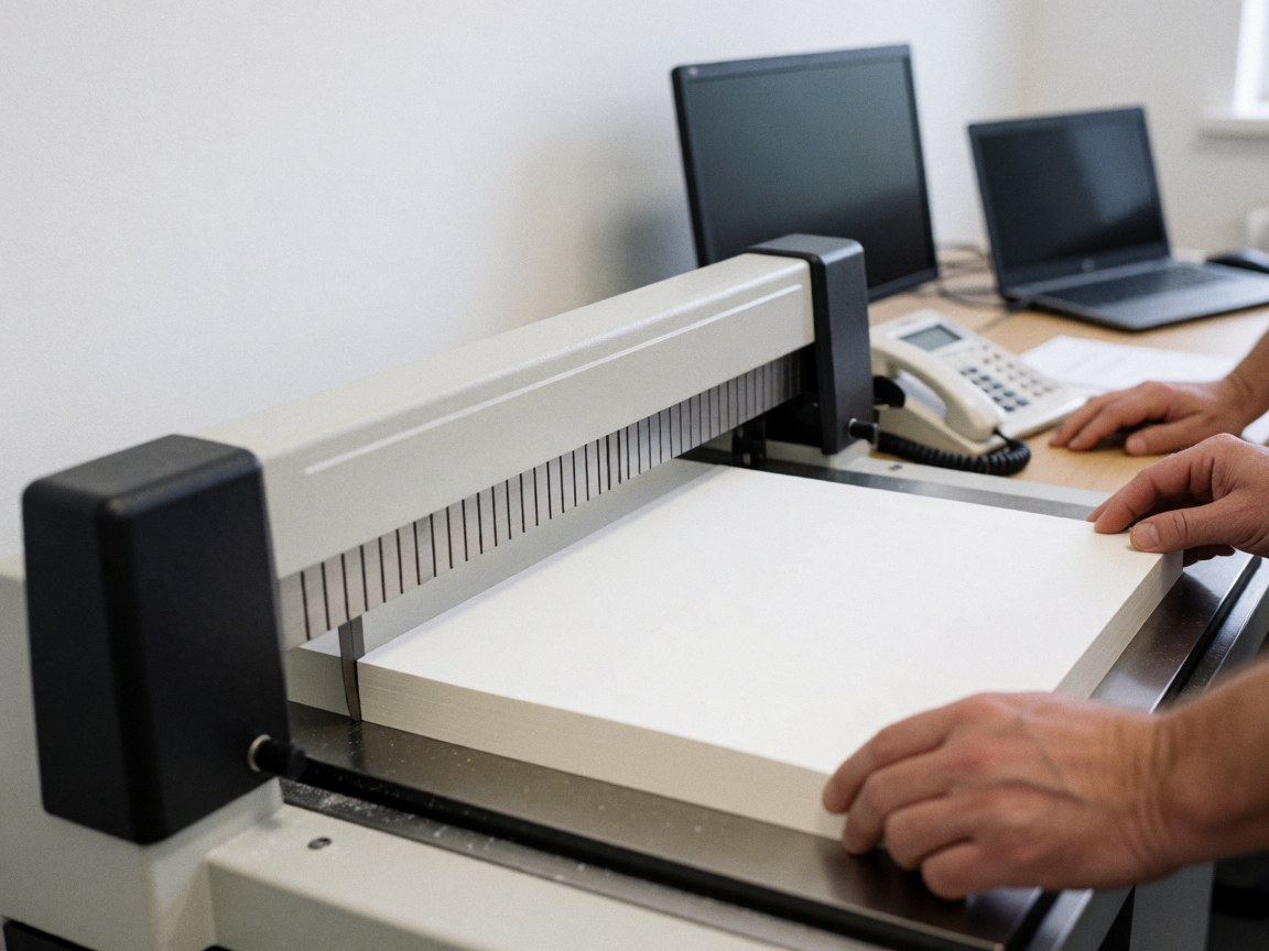 Des mains règlent un bloc de papier blanc sur une guillotine de précision dans un environnement de bureau d'imprimerie avec des murs blancs.