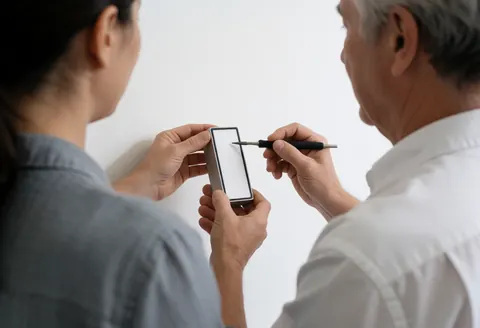 Un technicien professionnel vérifie un appareil électronique aux côtés d'un client dans un studio blanc, avec une précision visible.