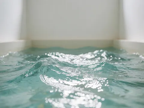 Eau salée turquoise avec des ondulations et une brillance solaire sur la surface d'une piscine publique aux murs blancs.