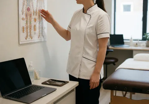 Un thérapeute en uniforme blanc pointe un diagramme corporel mural dans une clinique moderne équipée d'une table de soin et d'un ordinateur portable.