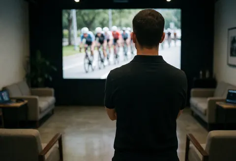 Un entraîneur de cyclisme regarde un peloton affiché sur un grand écran dans une salle moderne avec chaises confortables et sol en béton poli.