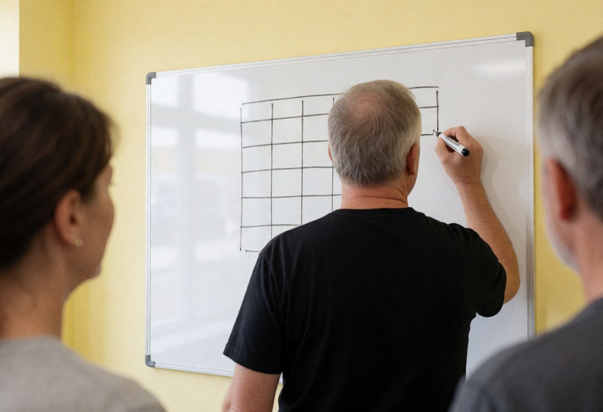 Un entraîneur de boxeo écrit des tableaux sur un tableau blanc dans une salle aux murs jaunes, tandis qu'un groupe observe son plan d'entraînement.