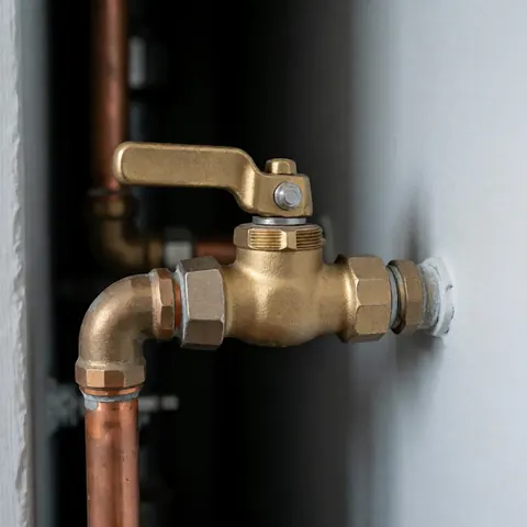 Vanne en bronze avec poignée ouverte connectée à un tuyau de cuivre sur un mur gris, utilisée pour la réparation de chaudières.