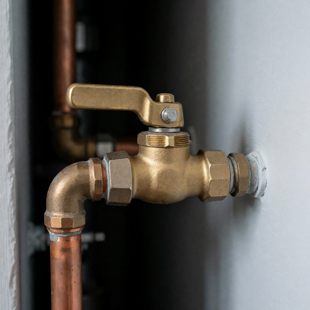 Vanne en bronze avec poignée ouverte connectée à un tuyau de cuivre sur un mur gris, utilisée pour la réparation de chaudières.