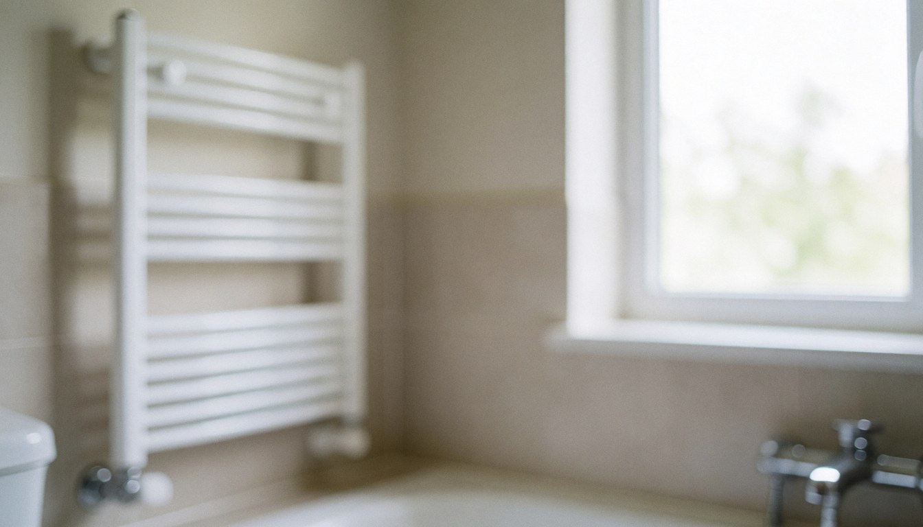 Arrière-plan de salle de bain propre avec un porte-serviettes blanc, des murs neutres et la lumière du jour entrant par une fenêtre, idéal pour les services de nettoyage professionnel.