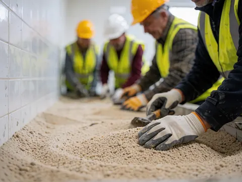 Mains gantées de maçons manipulant du sable pour mortier, mur carrelé blanc et outil de maçonnerie visible en détail.