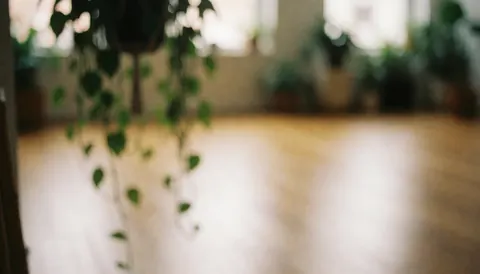 Fond de studio de yoga avec plantes suspendues et sol en bois, lumière douce et ambiance relaxante pour textes.